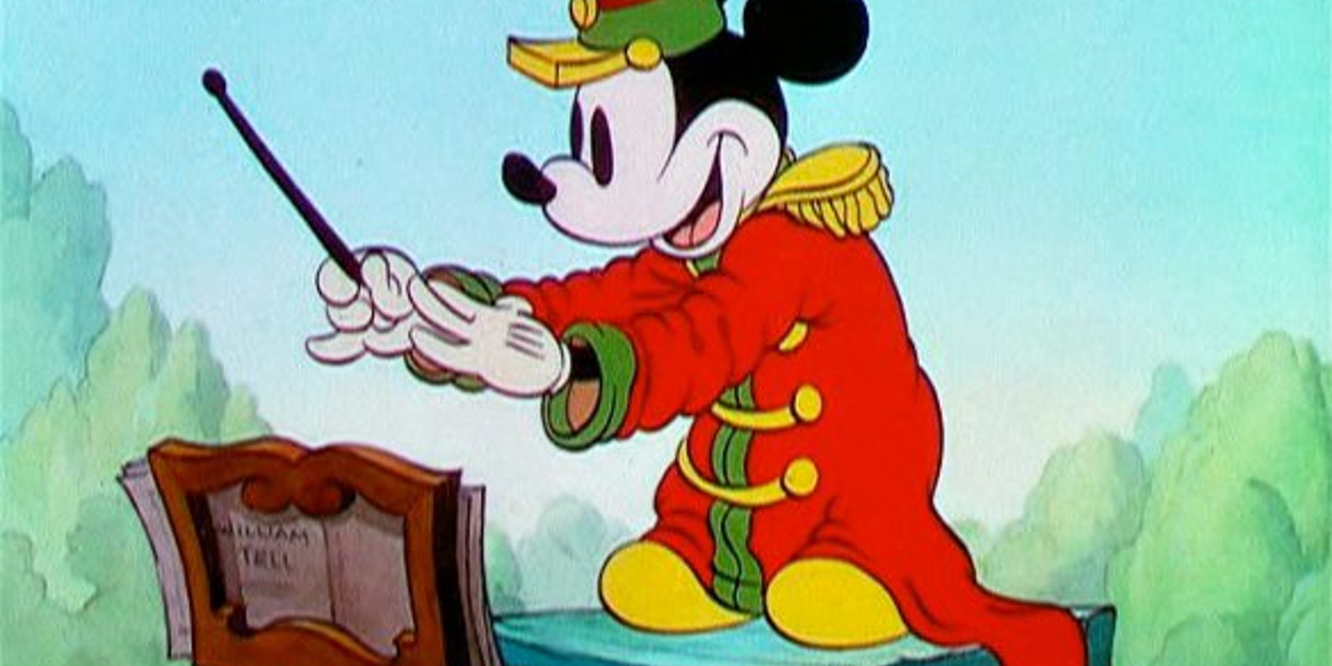 Le fond de l'image est bleu pâle avec des arbres verts pâles de chaque côté. Mickey Mouse, vêtu d'un habit rouge, jaune et vert, est un chef d'orchestre.