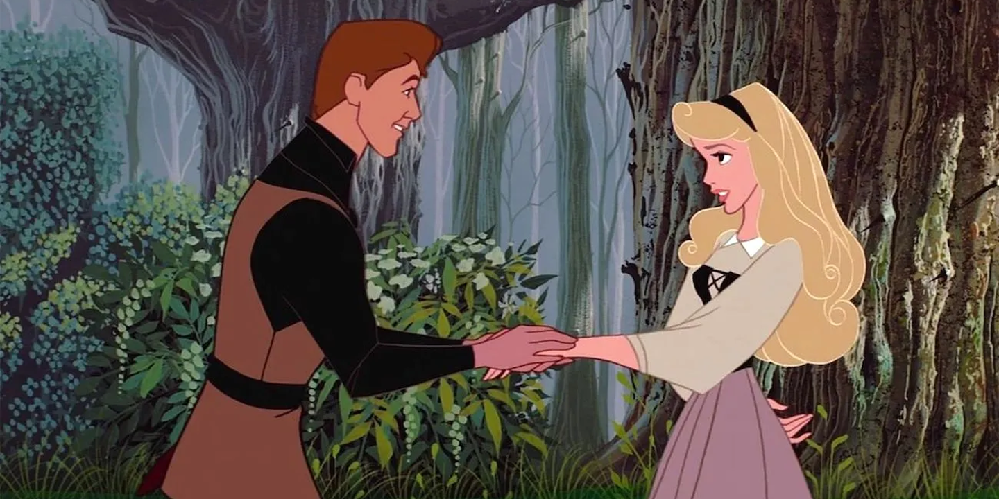 Le fond de l'image est composé de troncs d'arbres ainsi que de buissons. La princesse Aurore et son prince son au centre de la photo. Il lui tient la main avec un grand sourire au visage. Il porte des vêtements bruns et noirs et elle est vêtue d'une robe mauve, noire et grise. Elle a une passe sur la tête.