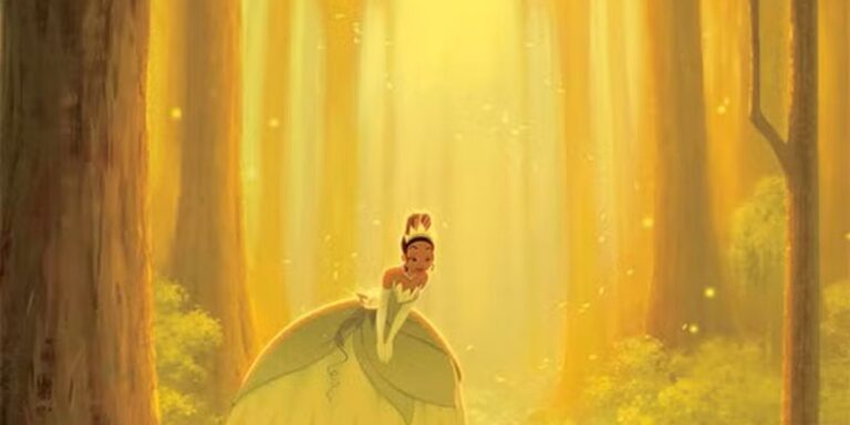 Le fond est jaune et vert avec des arbres en arrière plan et sur les côtés. Il y a aussi des buissons verts sur les côtés. Il y a la princesse Tiana vêtue d'une robe verte et blanche. Elle porte des gants et elle a un chignon avec une couronne. Finalement, elle regarde le sol.